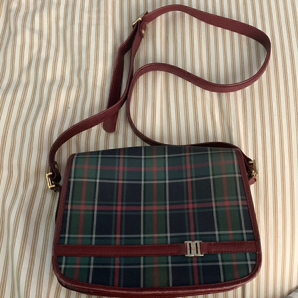 DAKS of London tartan cloth and maroon leather crossbody